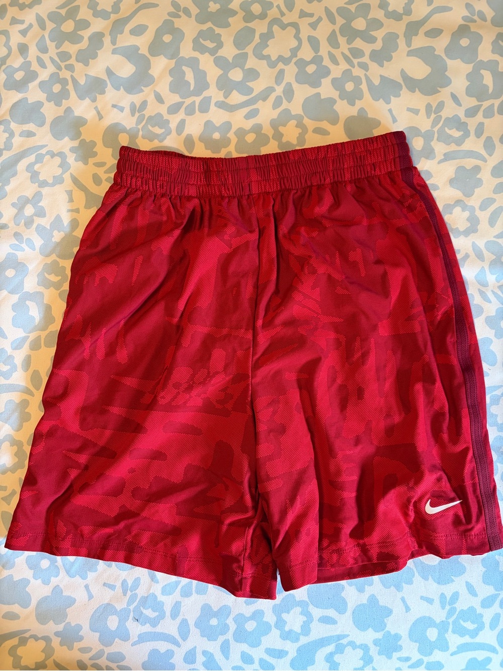 Nike Red Camo-Print Athletic Shorts with White Swoosh